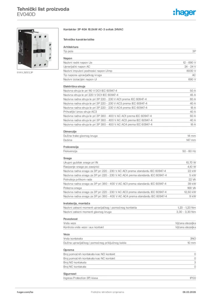 Slika Hager Tehnički list proizvoda EV040D  | Hager