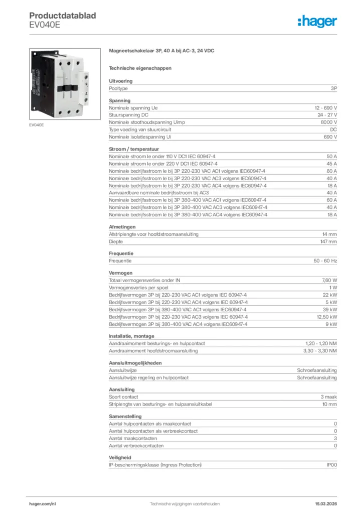 Afbeelding Hager Productdatablad EV040E | Hager Nederland