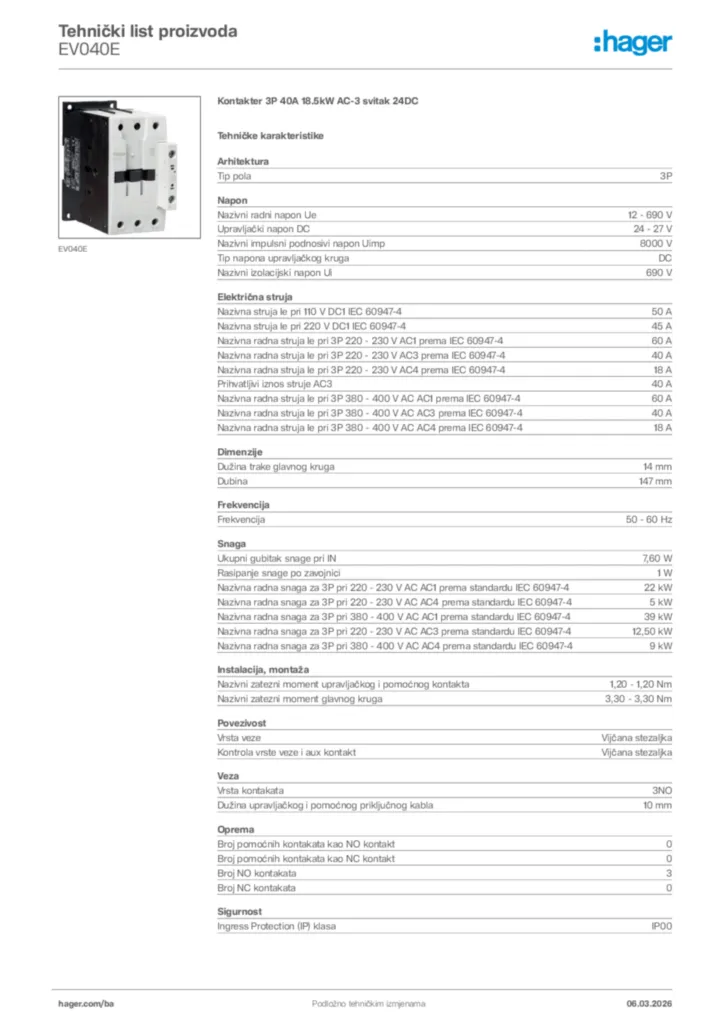 Slika Hager Tehnički list proizvoda EV040E  | Hager