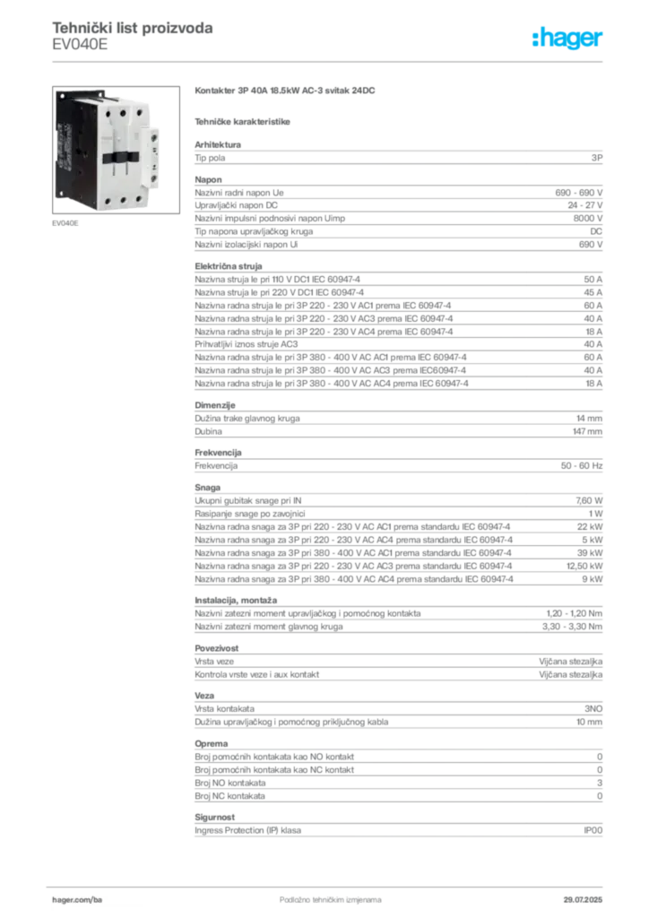 Slika Hager Product data sheet EV040E  | Hager