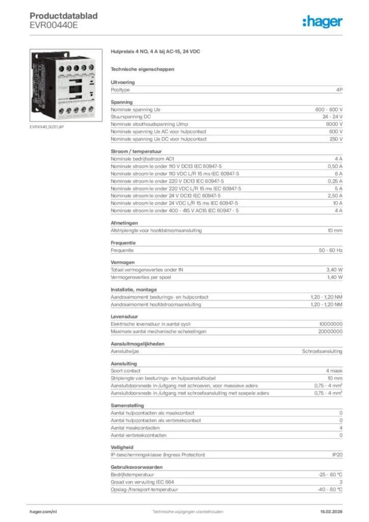 Afbeelding Hager Productdatablad EVR00440E | Hager Nederland