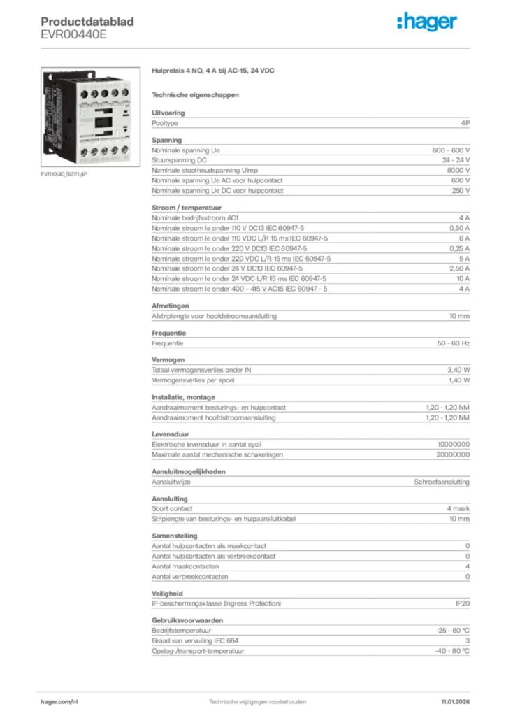 Afbeelding Hager Productdatablad EVR00440E | Hager Nederland