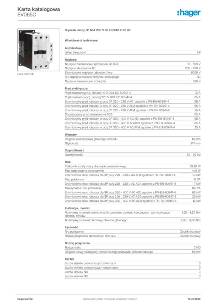 Zdjęcie Hager Karta katalogowa EV065C | Hager Polska