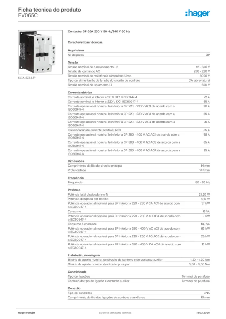 Imagem Hager Ficha técnica do produto EV065C | Hager Portugal