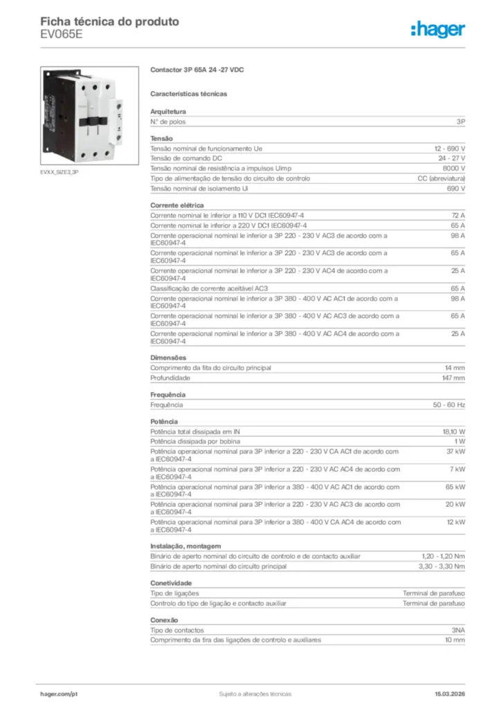 Imagem Hager Ficha técnica do produto EV065E | Hager Portugal