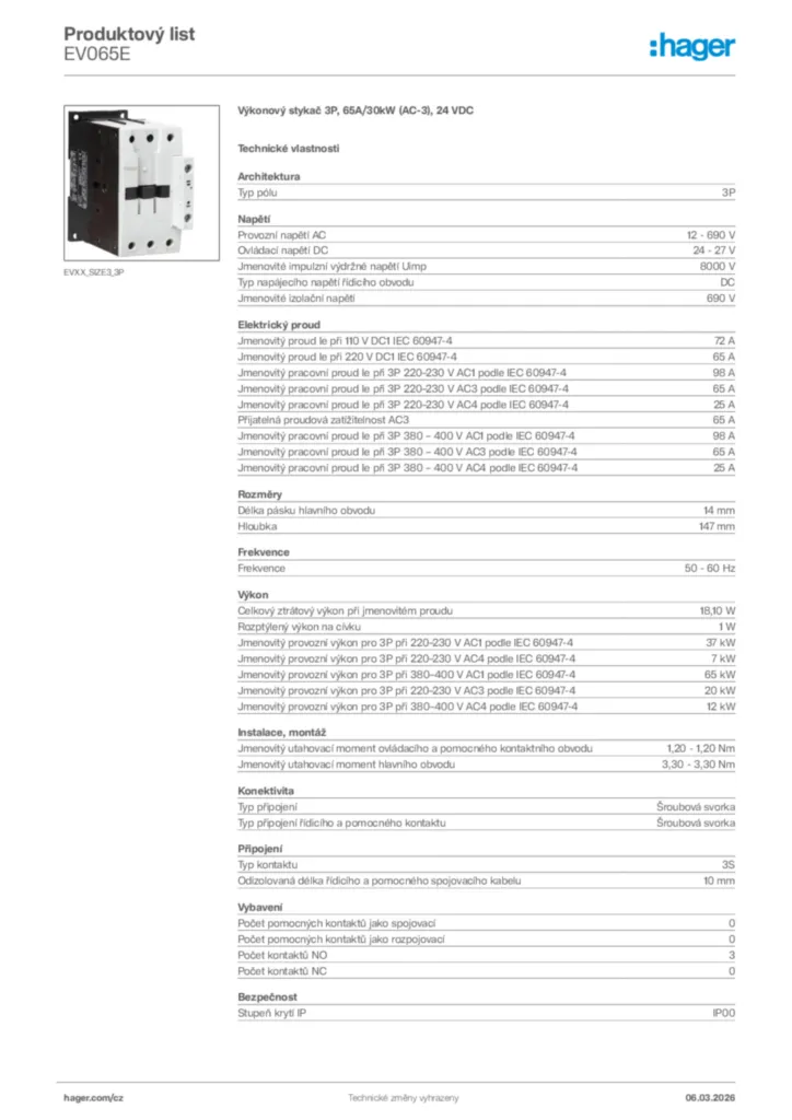 Obrázek Hager Product data sheet EV065E | Hager