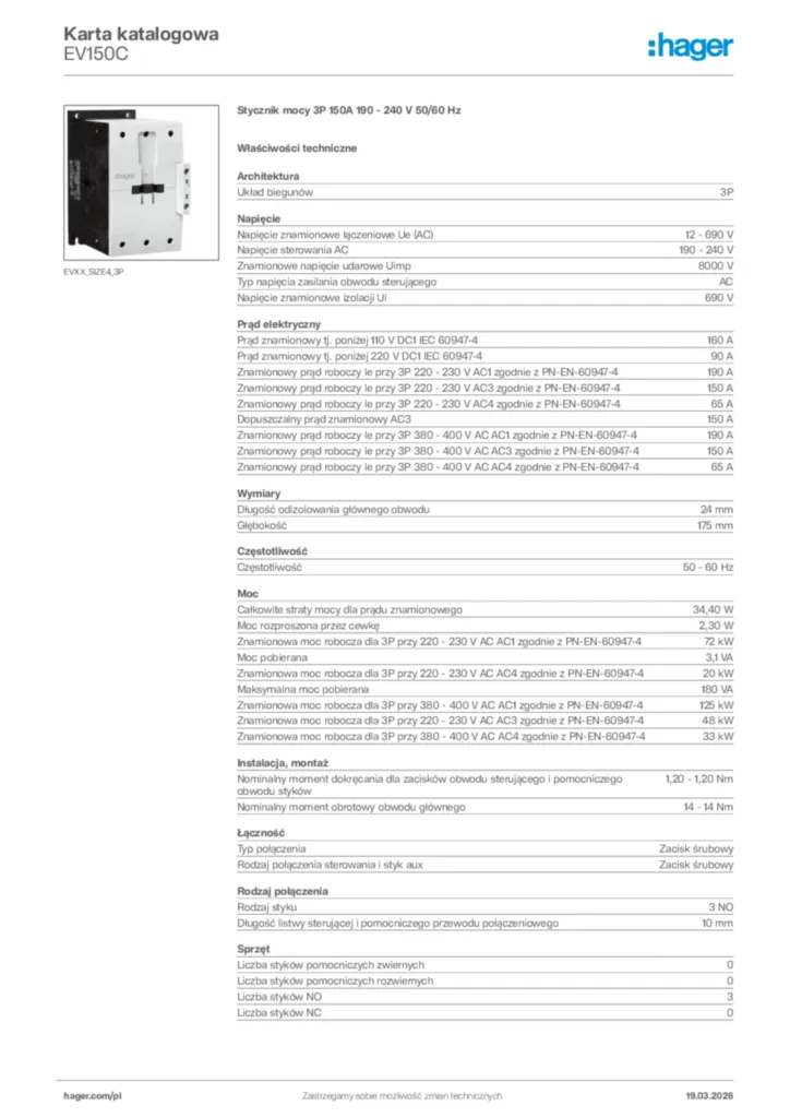 Zdjęcie Hager Karta katalogowa EV150C | Hager Polska