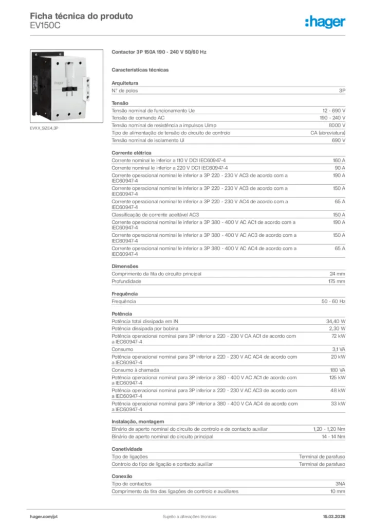 Imagem Hager Ficha técnica do produto EV150C | Hager Portugal