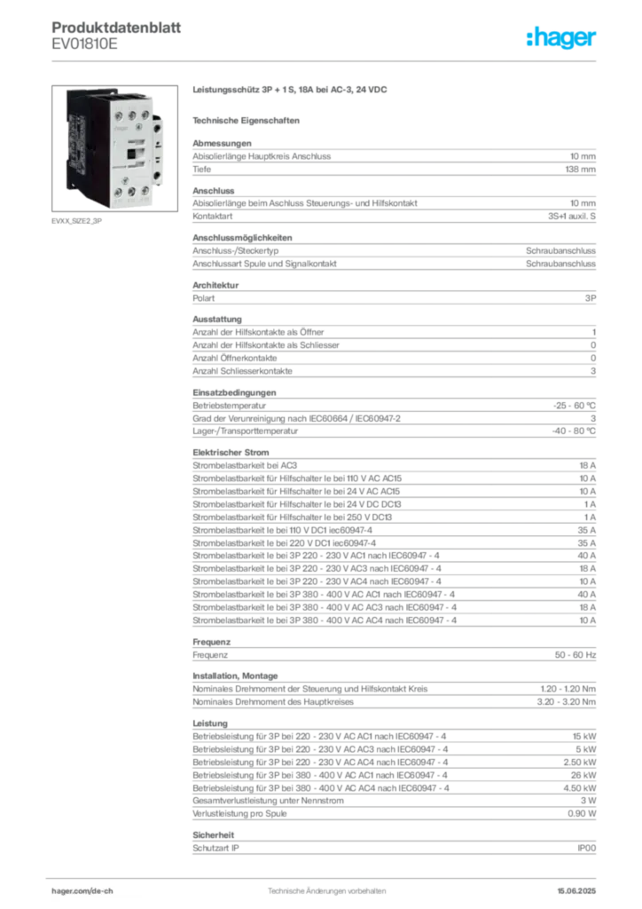Bild Hager Produktdatenblatt EV01810E | Hager Schweiz