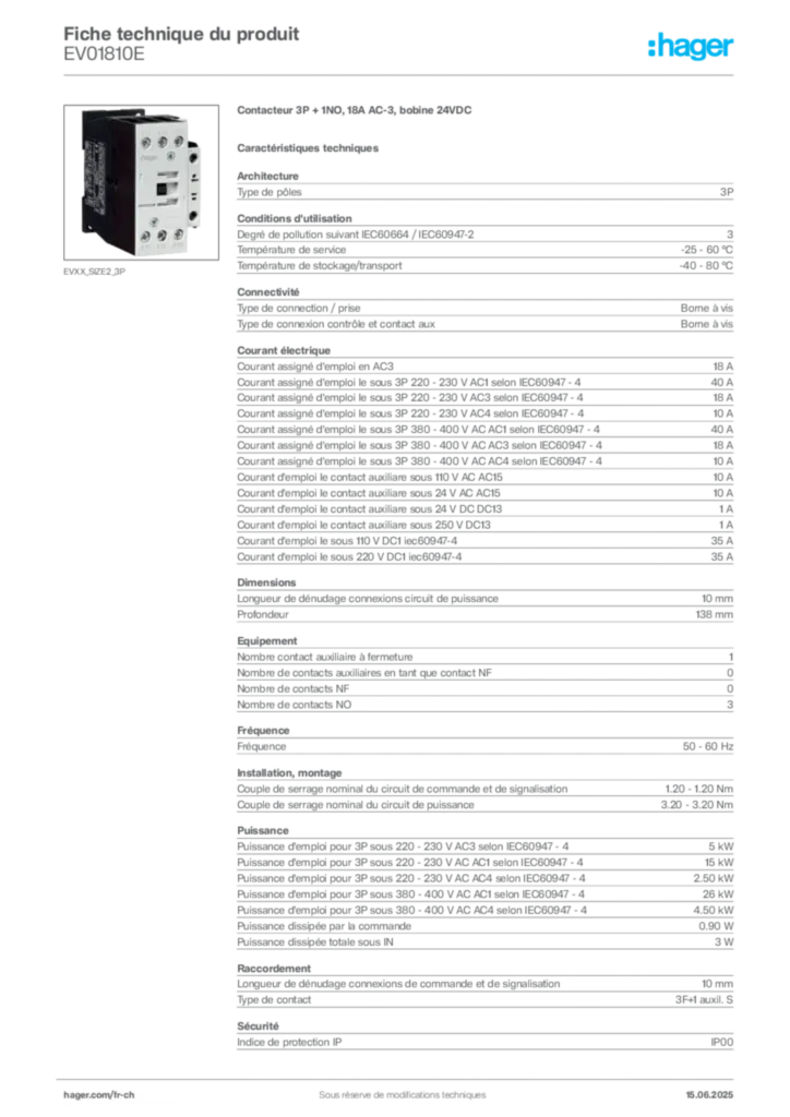Image Hager Fiche technique du produit EV01810E | Hager Suisse