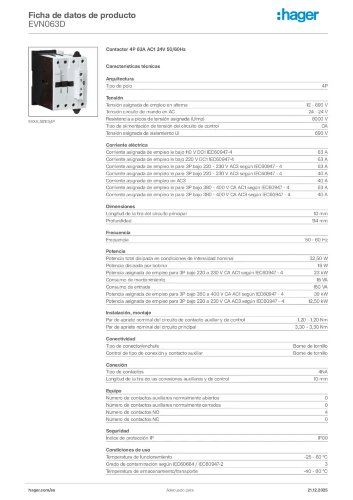 Imagen Hager Ficha de datos de producto EVN063D | Hager España