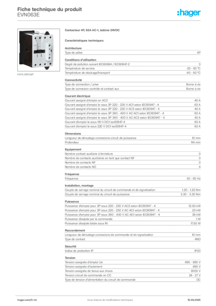 Image Hager Fiche technique du produit EVN063E | Hager Suisse
