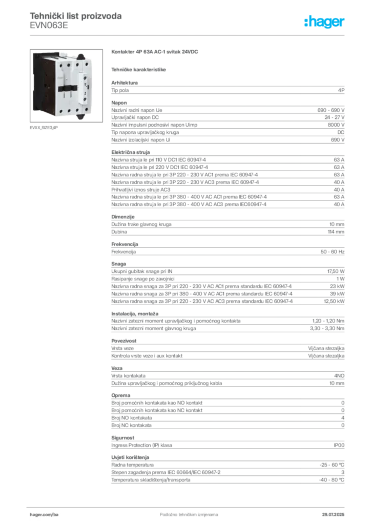 Slika Hager Product data sheet EVN063E  | Hager