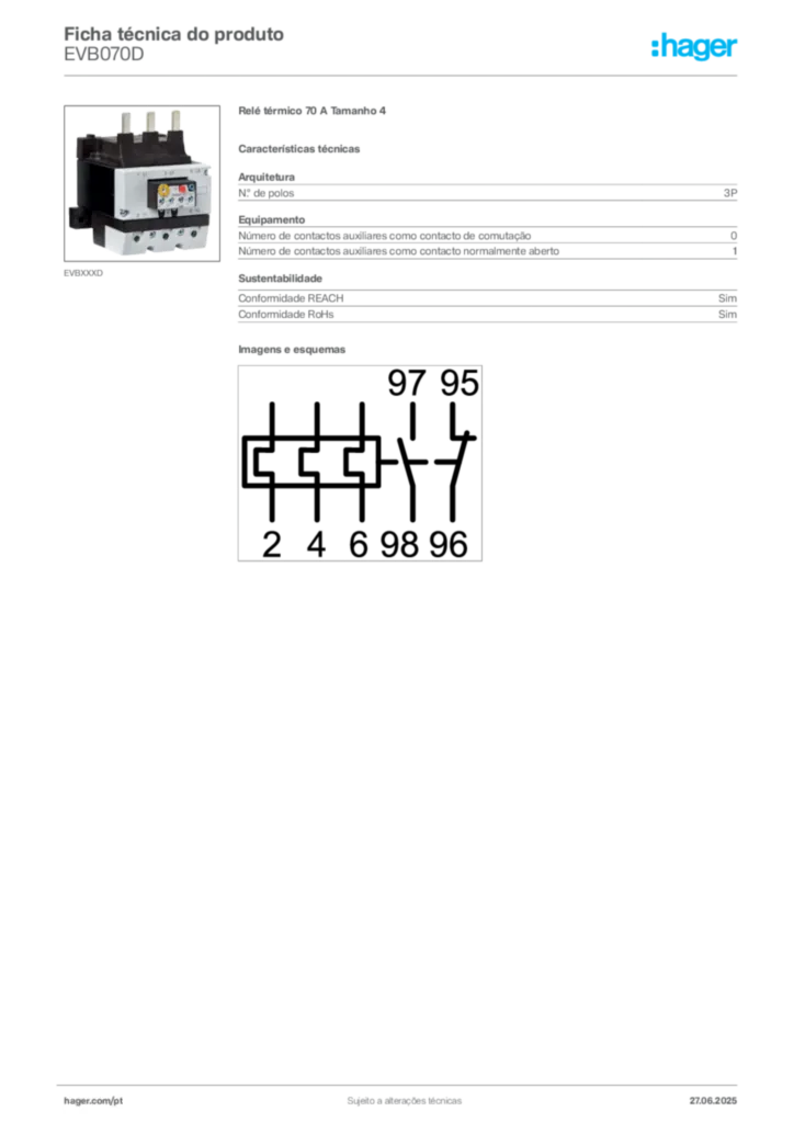 Imagem Hager Ficha técnica do produto EVB070D | Hager Portugal