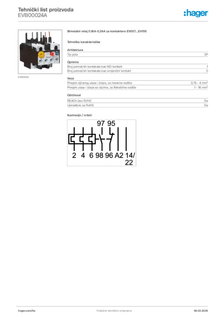Slika Hager Tehnički list proizvoda EVB00024A  | Hager
