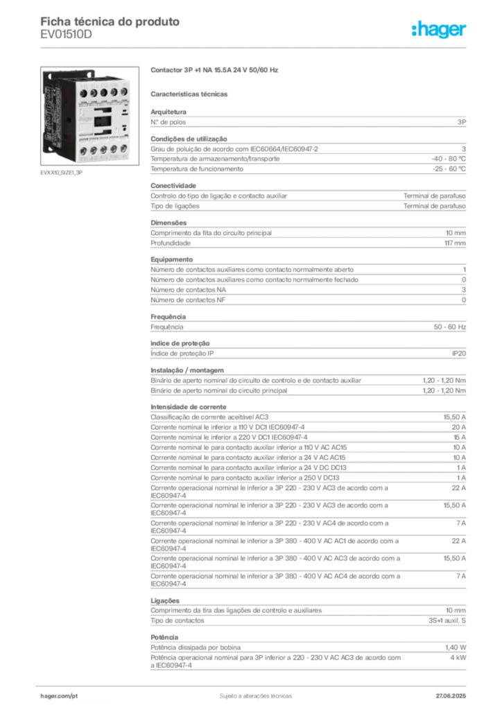 Imagem Hager Ficha técnica do produto EV01510D | Hager Portugal
