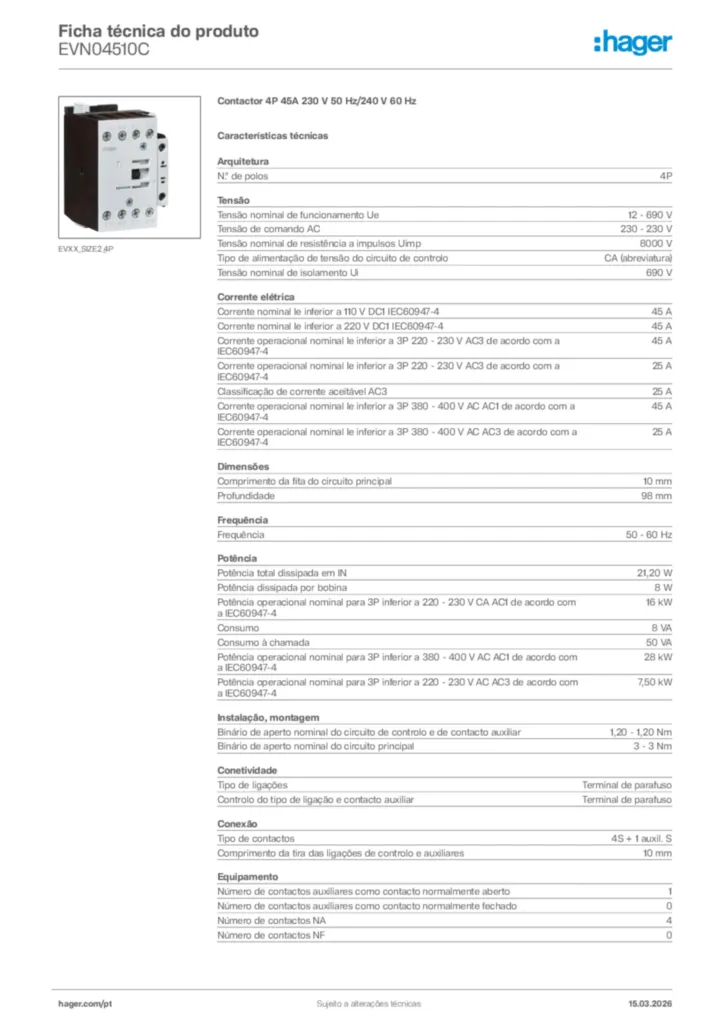 Imagem Hager Ficha técnica do produto EVN04510C | Hager Portugal