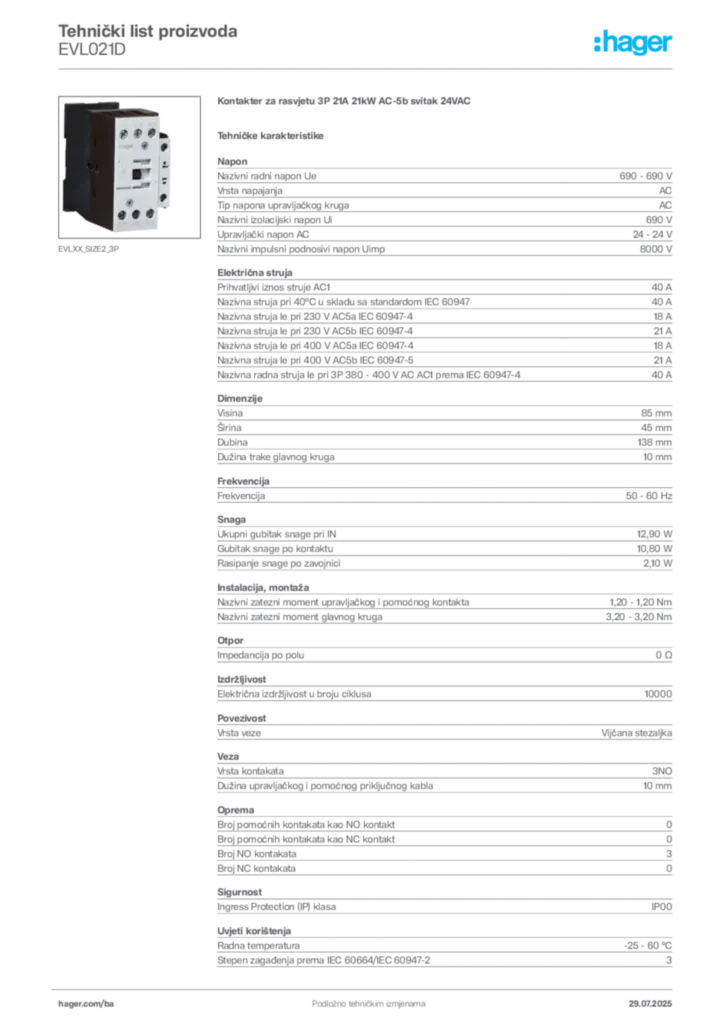 Slika Hager Product data sheet EVL021D  | Hager