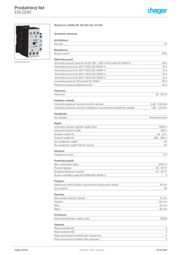 Obrázek Hager Produktový list EVL021D | Hager