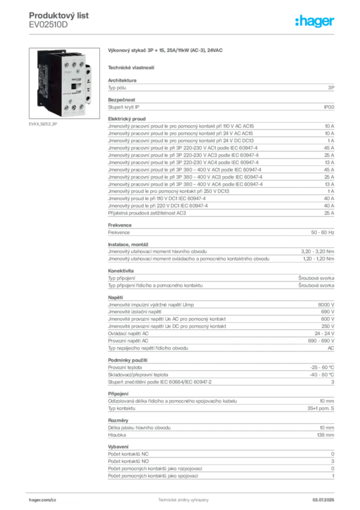 Obrázek Hager Produktový list EV02510D | Hager