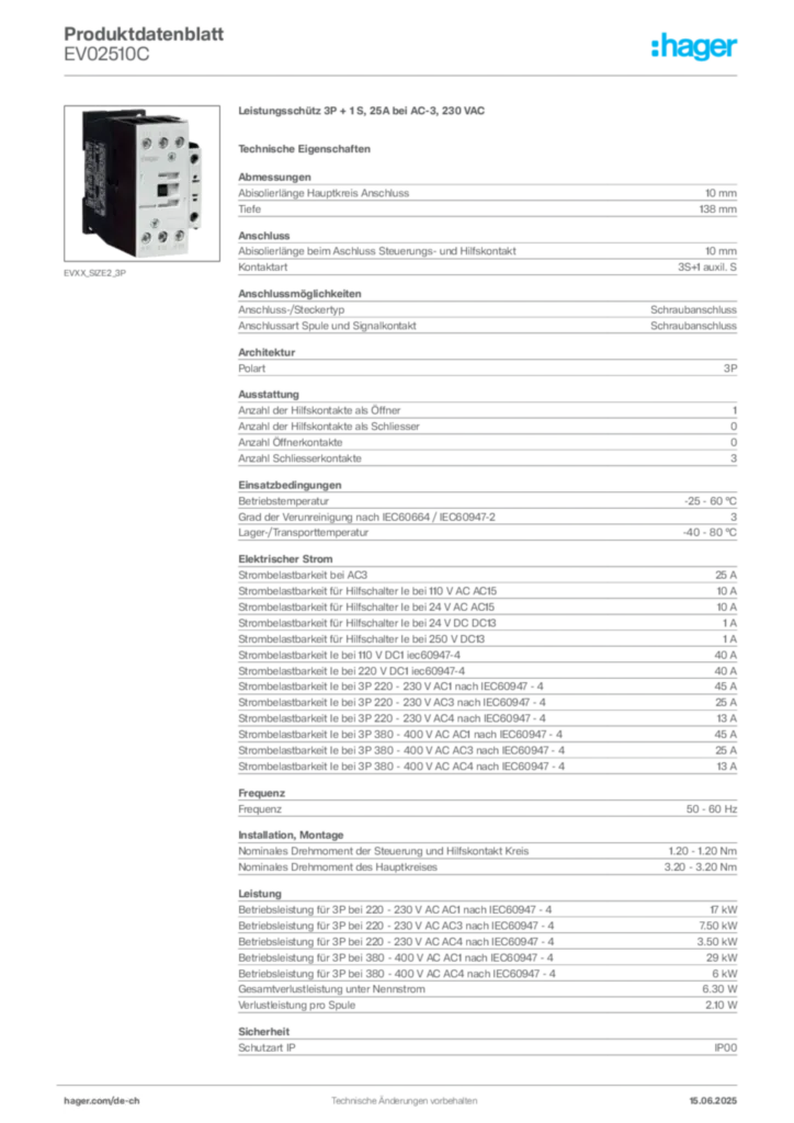 Bild Hager Produktdatenblatt EV02510C | Hager Schweiz