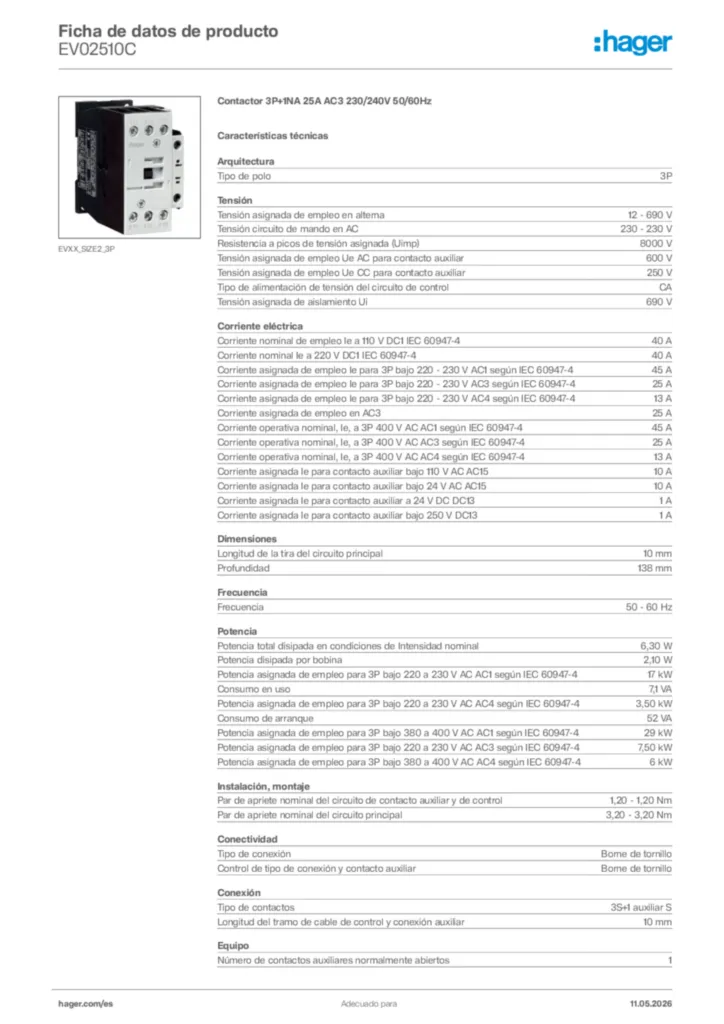 Imagen Hager Ficha de datos de producto EV02510C | Hager España