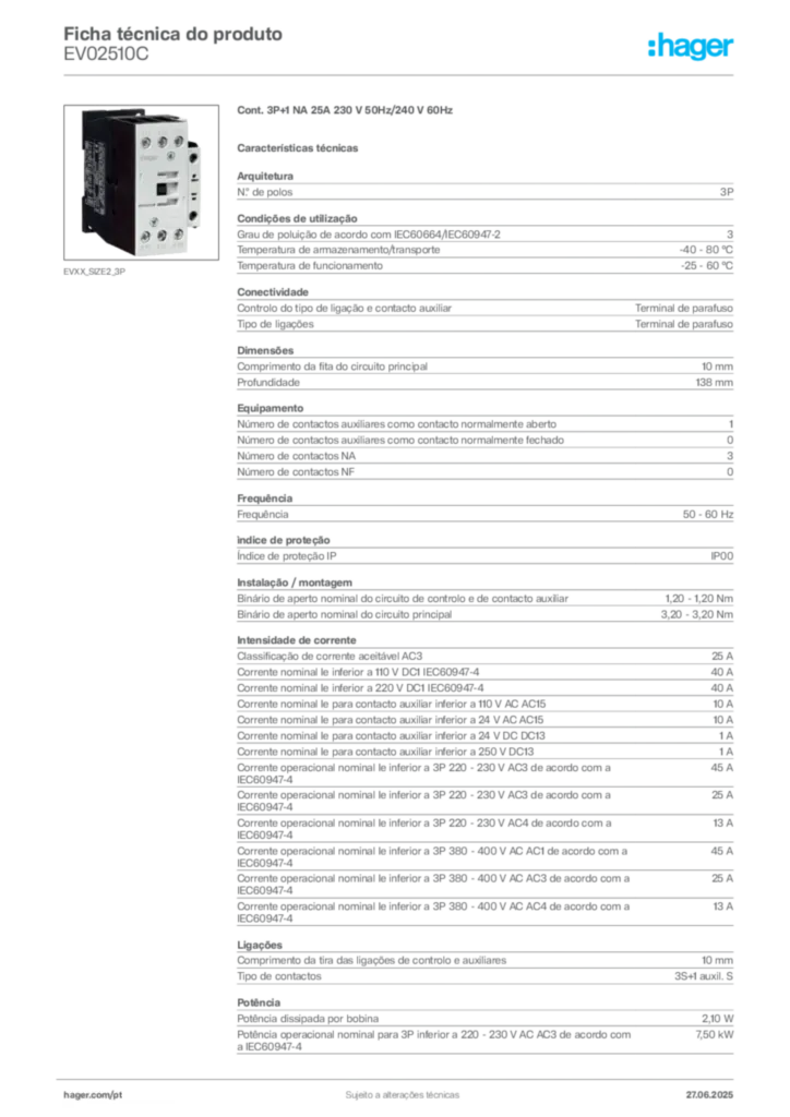 Imagem Hager Ficha técnica do produto EV02510C | Hager Portugal