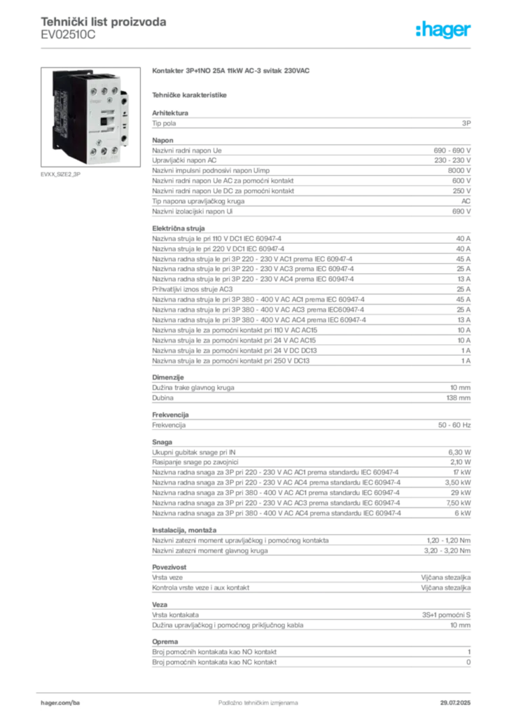 Slika Hager Product data sheet EV02510C  | Hager