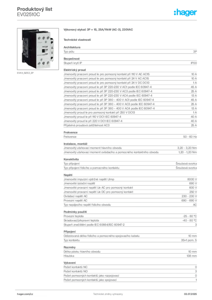 Obrázek Hager Produktový list EV02510C | Hager