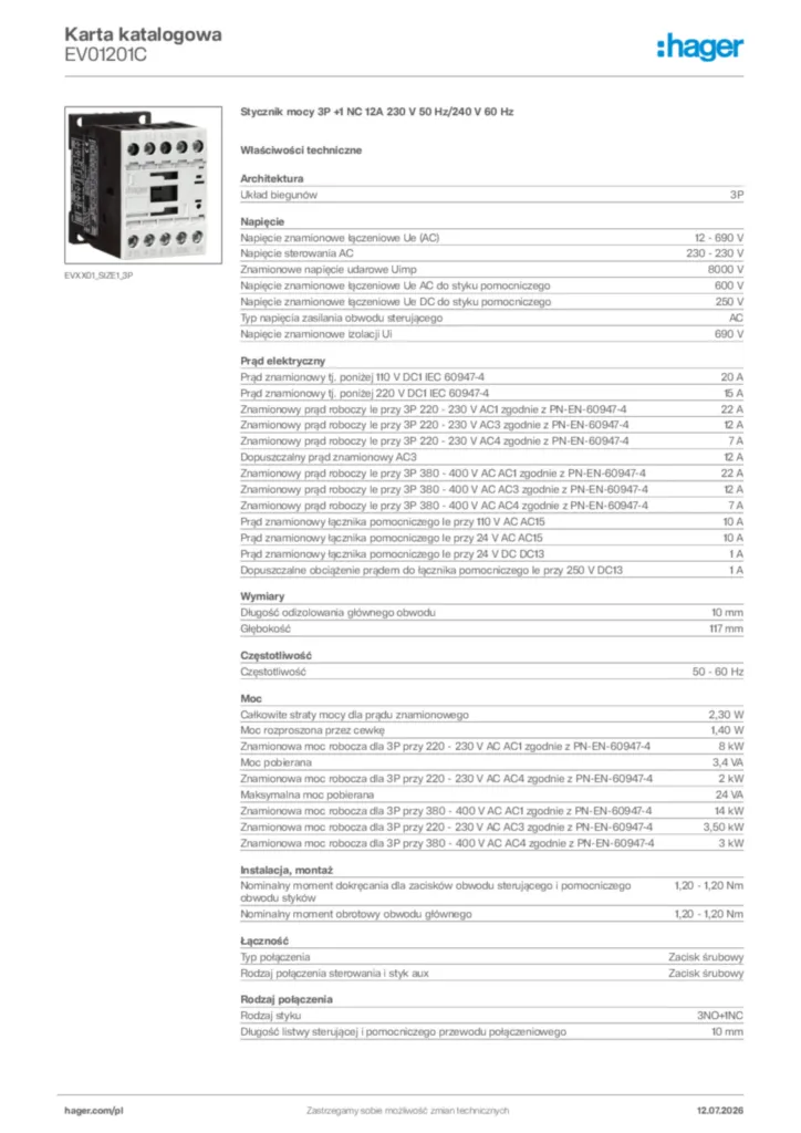 Zdjęcie Hager Karta katalogowa EV01201C | Hager Polska