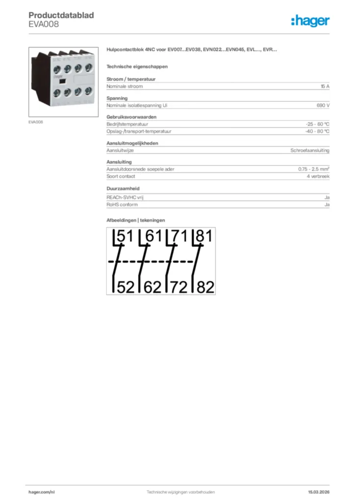 Afbeelding Hager Productdatablad EVA008 | Hager Nederland