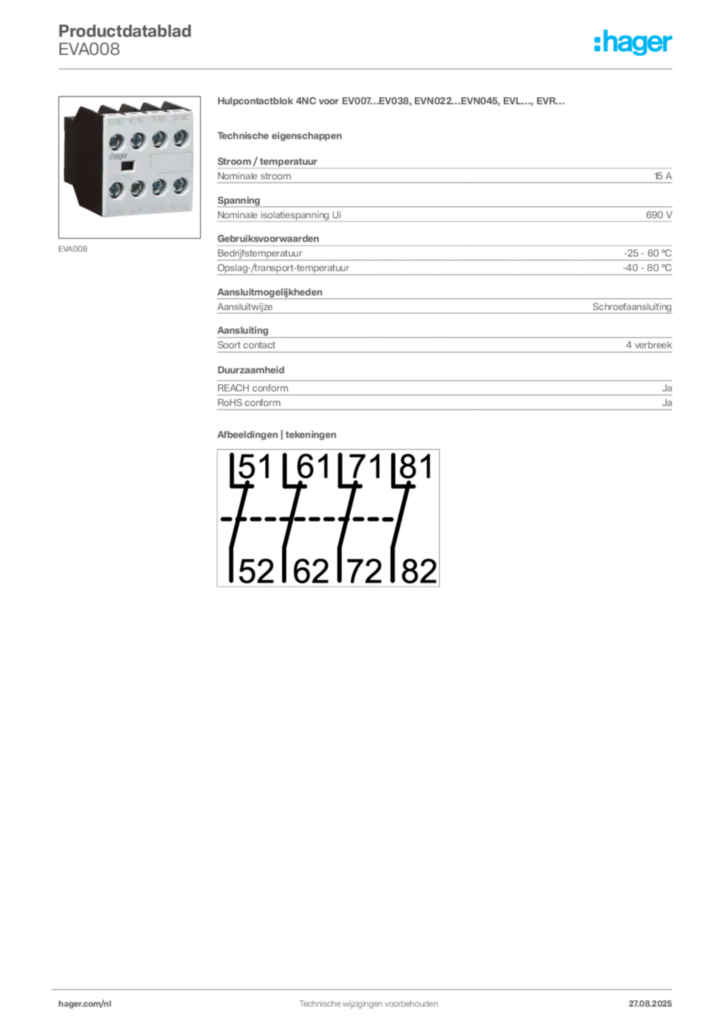 Afbeelding Hager Productdatablad EVA008 | Hager Nederland