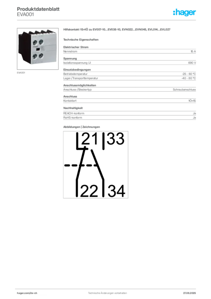 Bild Hager Produktdatenblatt EVA001 | Hager Schweiz