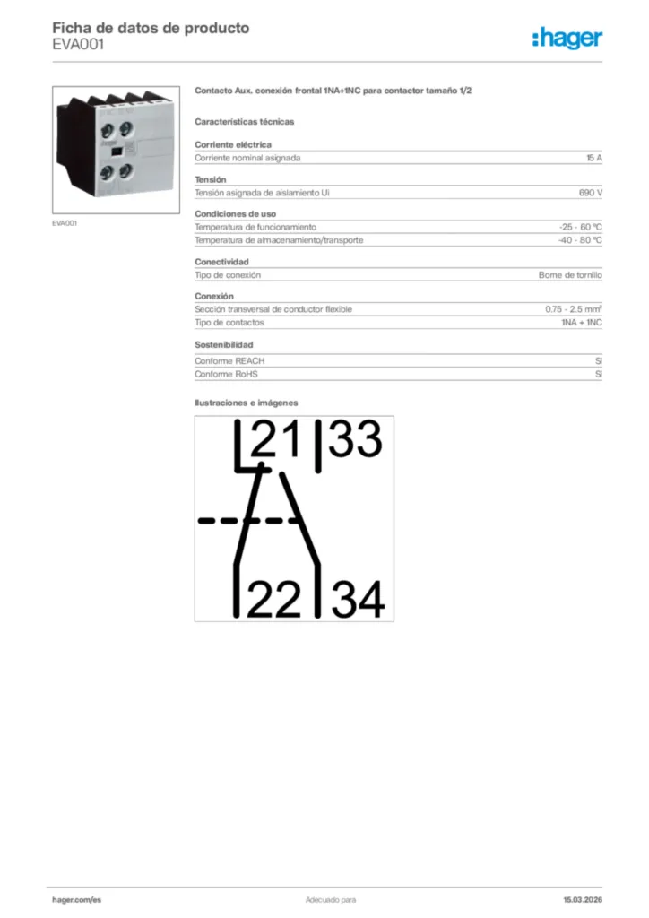 Imagen Hager Ficha de datos de producto EVA001 | Hager España