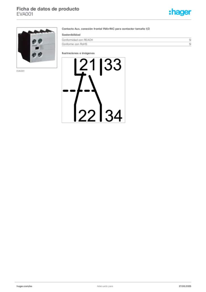 Imagen Hager Ficha de datos de producto EVA001 | Hager España