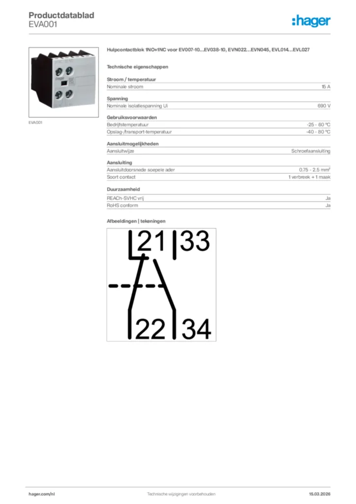 Afbeelding Hager Productdatablad EVA001 | Hager Nederland