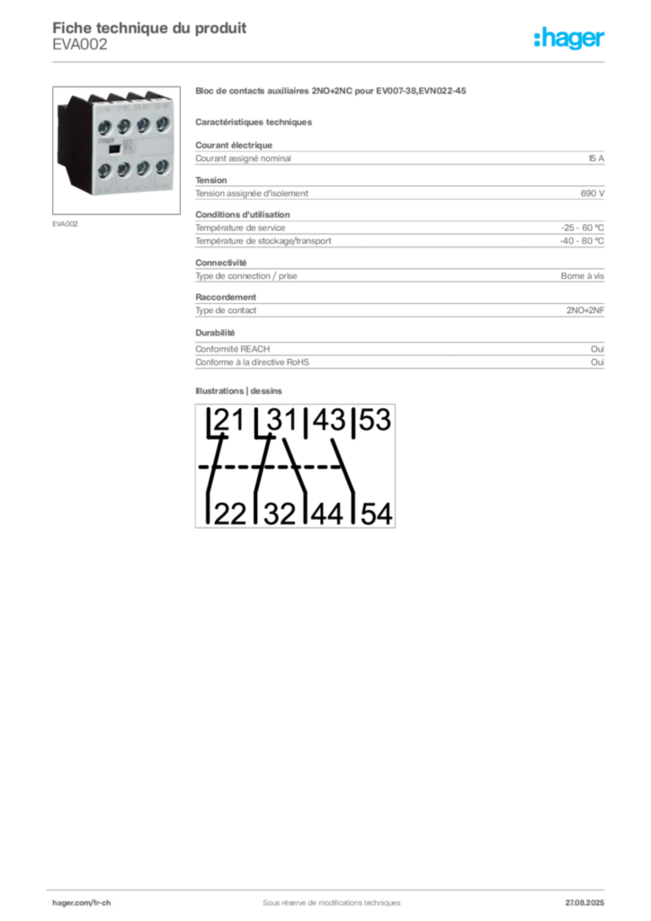 Image Hager Fiche technique du produit EVA002 | Hager Suisse