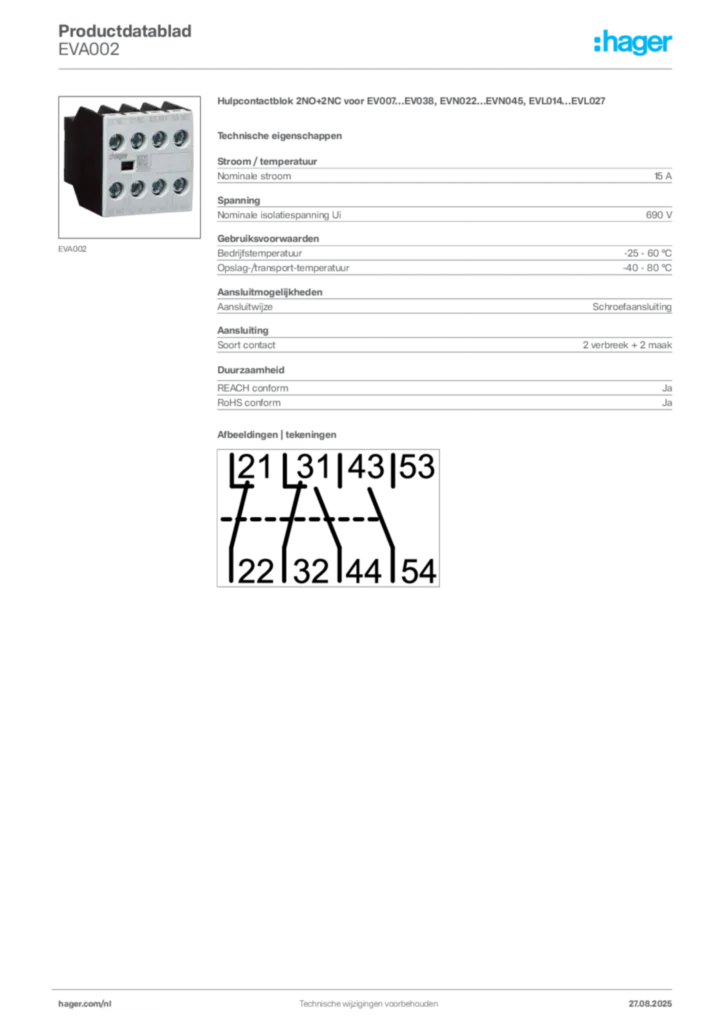 Afbeelding Hager Productdatablad EVA002 | Hager Nederland