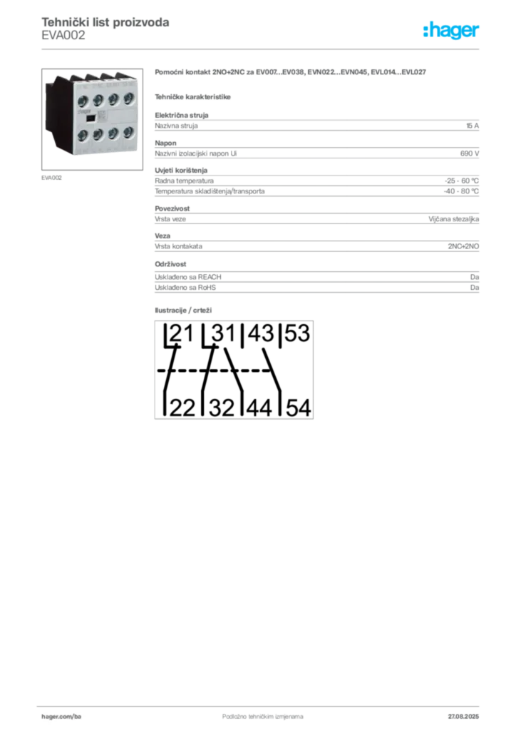Slika Hager Product data sheet EVA002  | Hager
