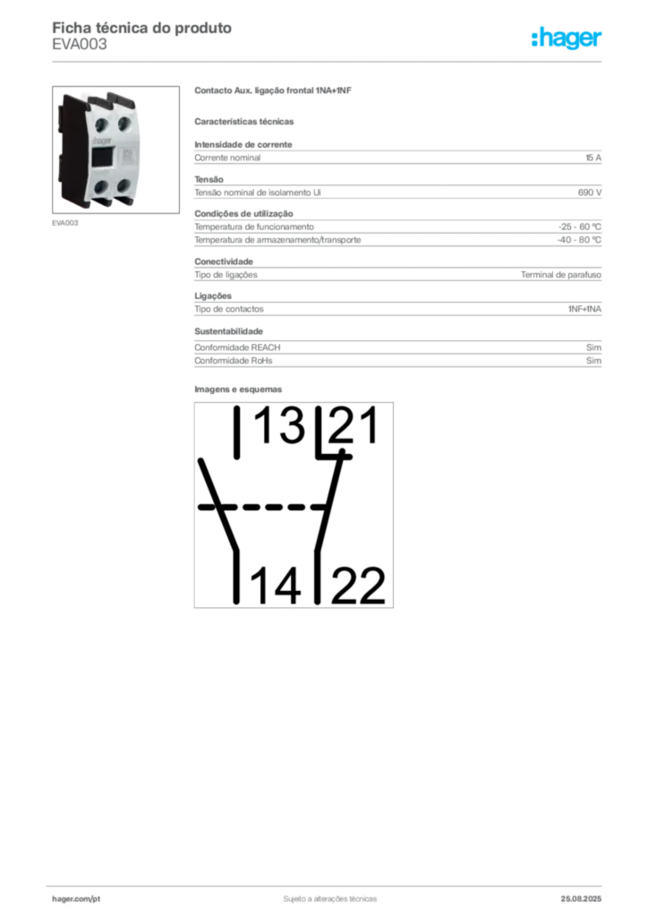 Imagem Hager Ficha técnica do produto EVA003 | Hager Portugal