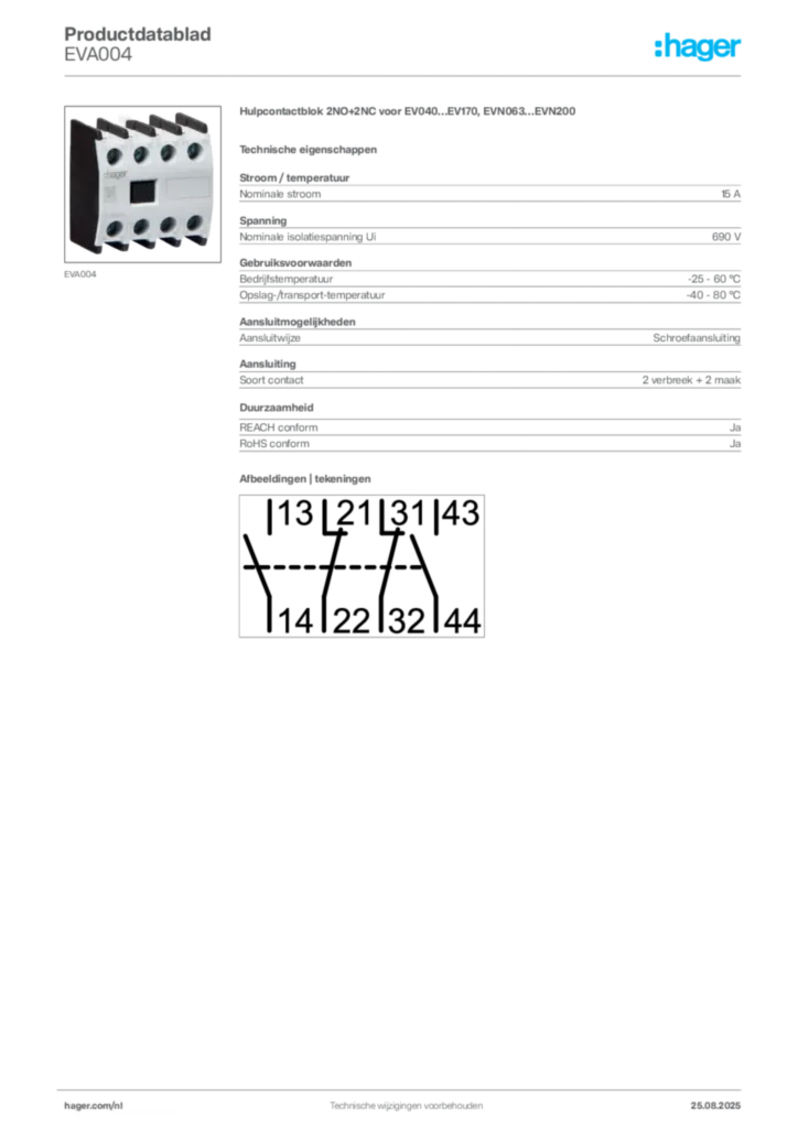Afbeelding Hager Productdatablad EVA004 | Hager Nederland
