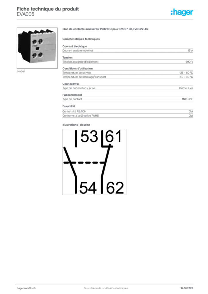 Image Hager Fiche technique du produit EVA005 | Hager Suisse