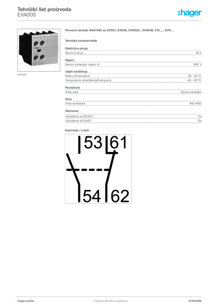 Slika Hager Product data sheet EVA005  | Hager