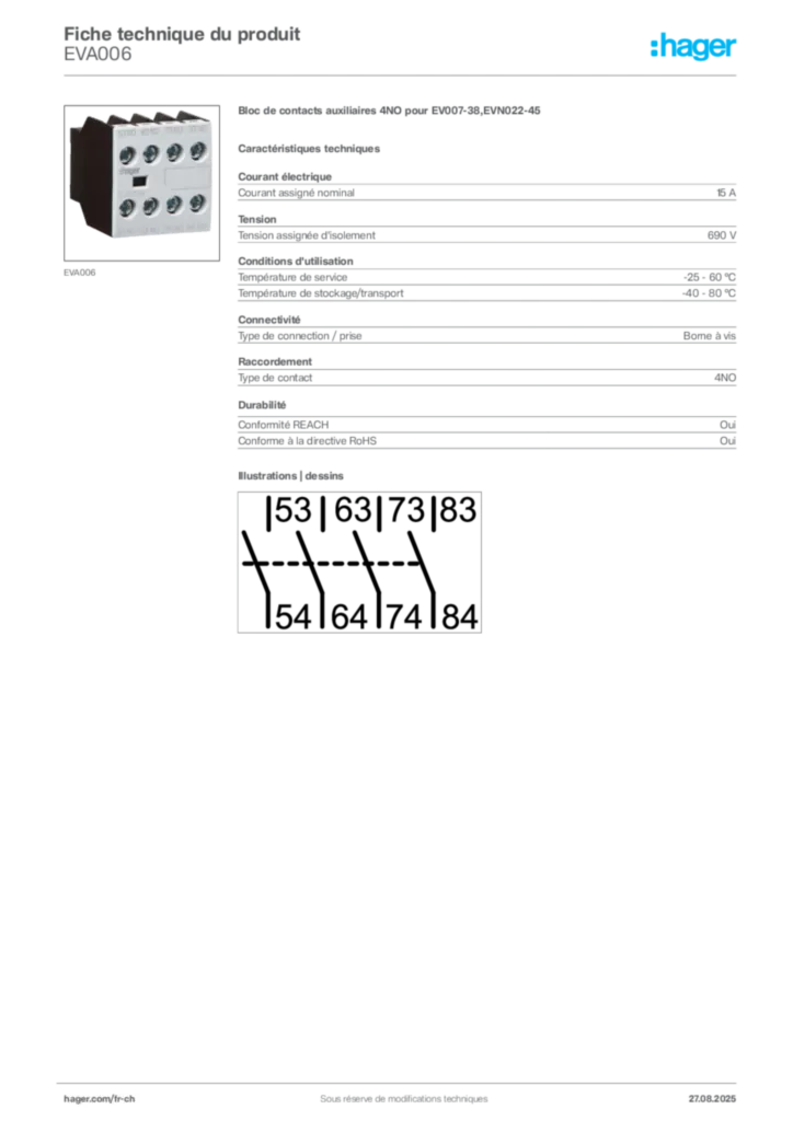Image Hager Fiche technique du produit EVA006 | Hager Suisse