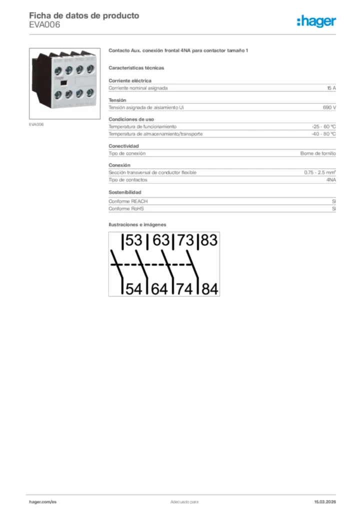 Imagen Hager Ficha de datos de producto EVA006 | Hager España