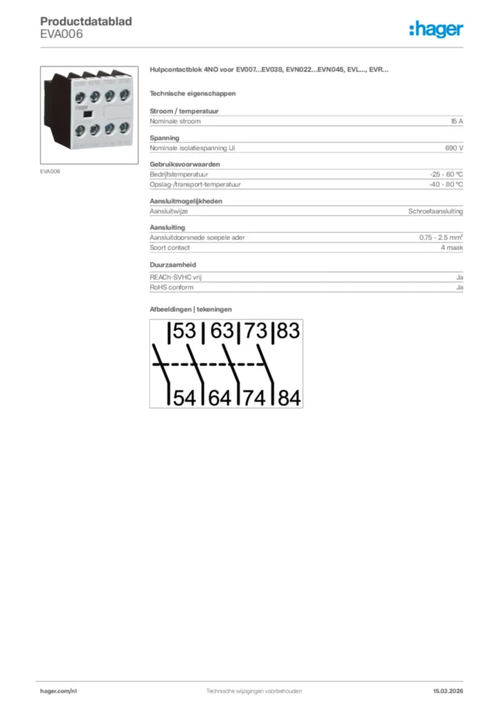 Afbeelding Hager Productdatablad EVA006 | Hager Nederland