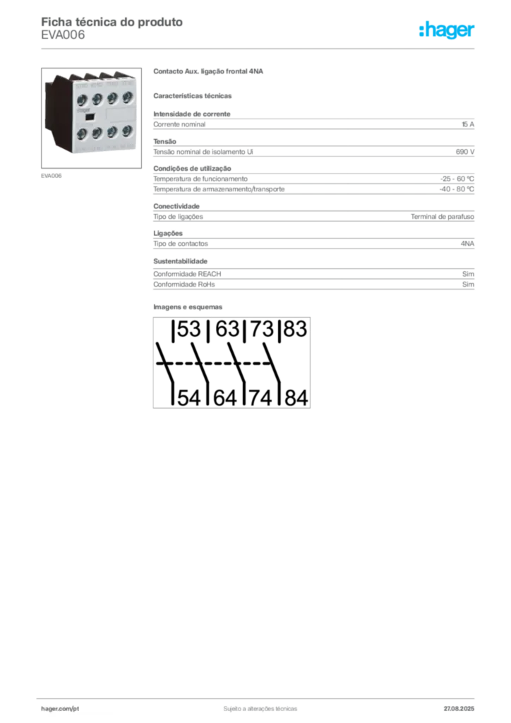 Imagem Hager Ficha técnica do produto EVA006 | Hager Portugal