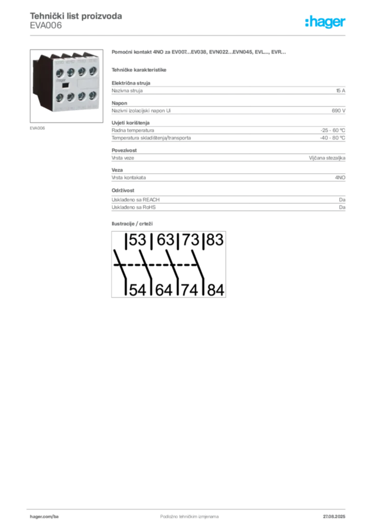 Slika Hager Product data sheet EVA006  | Hager