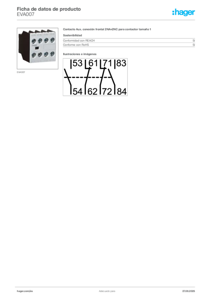 Imagen Hager Ficha de datos de producto EVA007 | Hager España