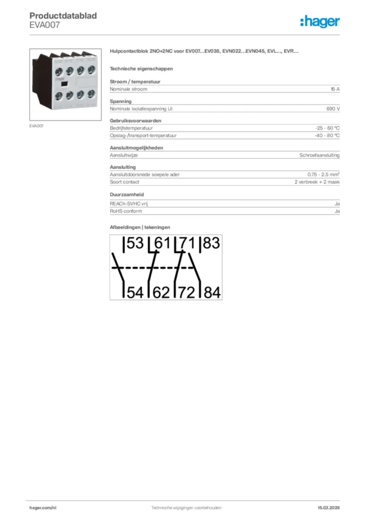 Afbeelding Hager Productdatablad EVA007 | Hager Nederland